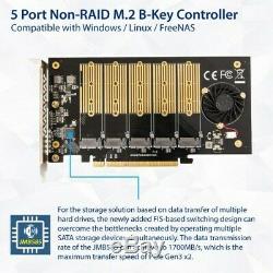 5 Slot M. 2 B-key SATA PCIe 3.0 x16 Adapter Card NON-RAID with Cooling Fan